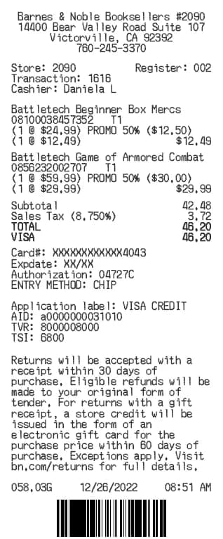 Barnes & Noble Receipt Generator