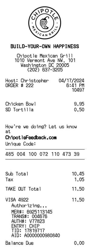 Chipotle Receipt Generator