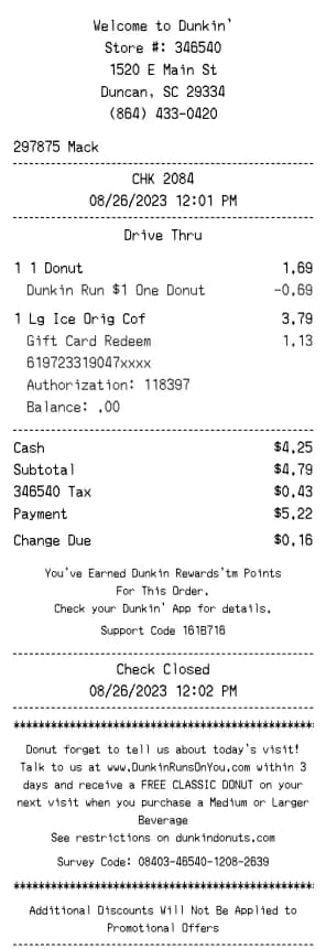 Dunkin' Donuts Receipt Generator