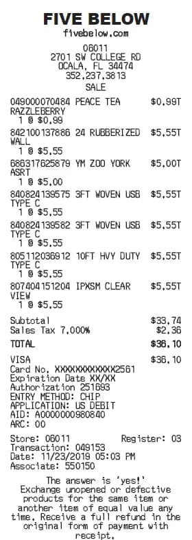 Five Below Receipt Generator
