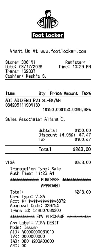 Foot Locker Receipt Generator