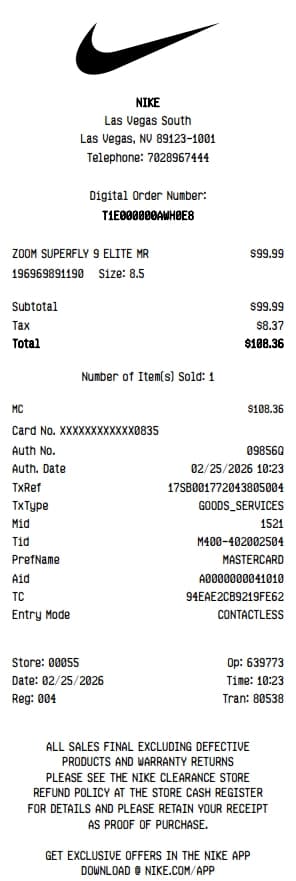 Nike Receipt Generator