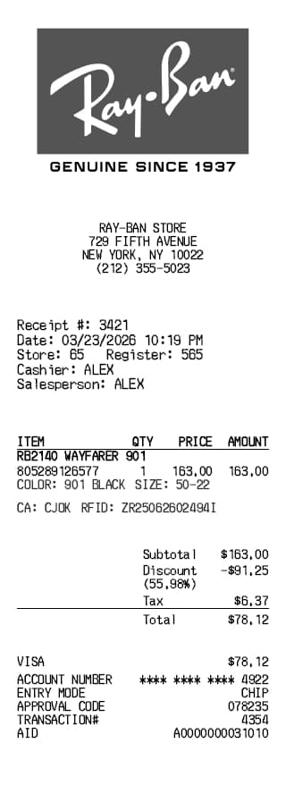 Ray-Ban Receipt Generator