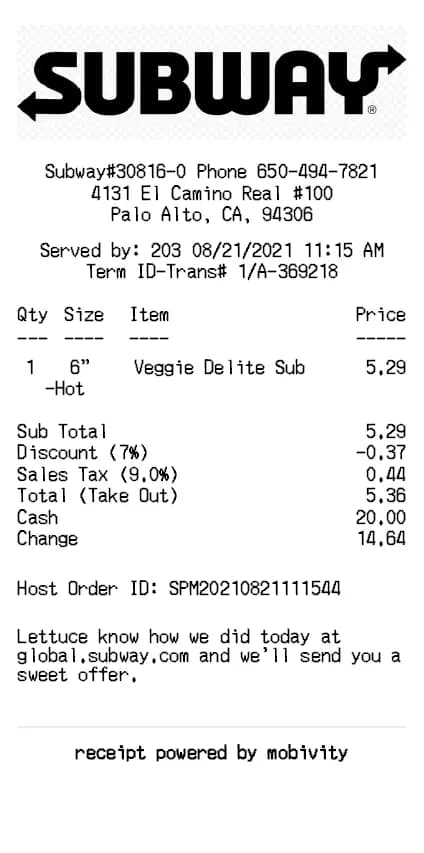 Subway Receipt Generator