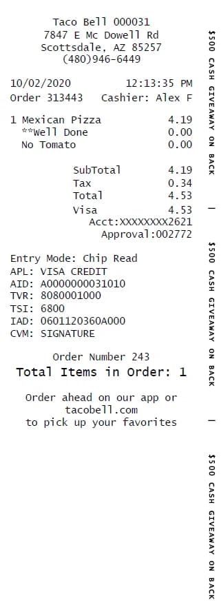 Taco Bell Receipt Generator