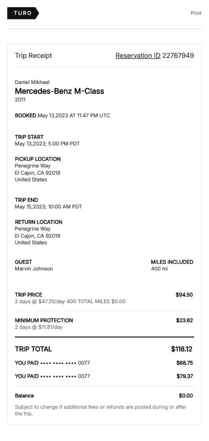 Turo Rental Receipt Generator