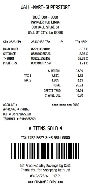 Walmart Superstore Receipt Generator