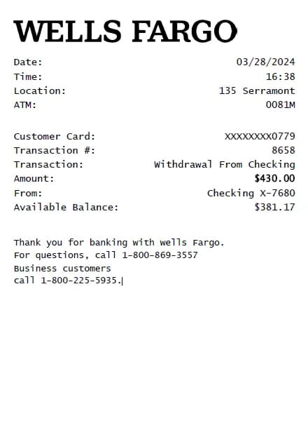 Wells Fargo ATM Receipt Generator
