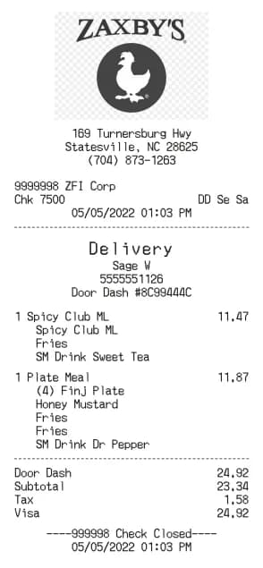 Zaxby's Receipt Generator