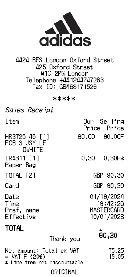 Adidas Receipt