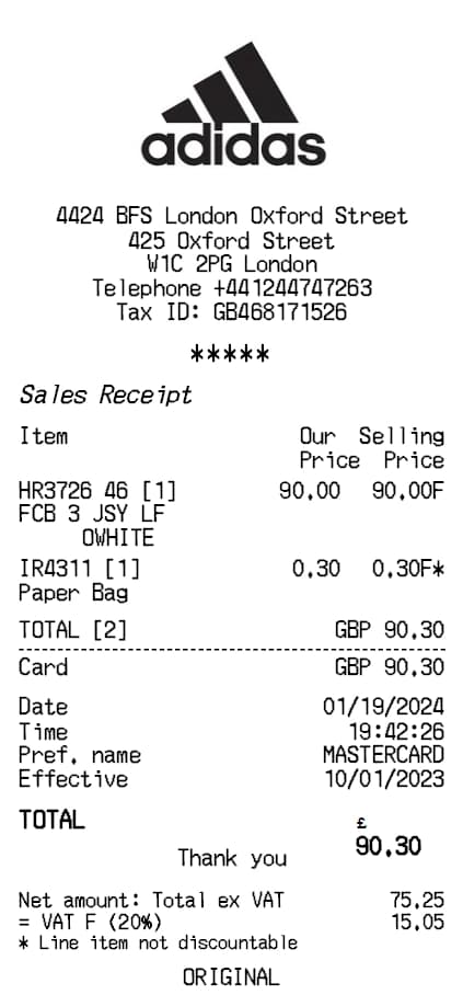 Adidas Receipt