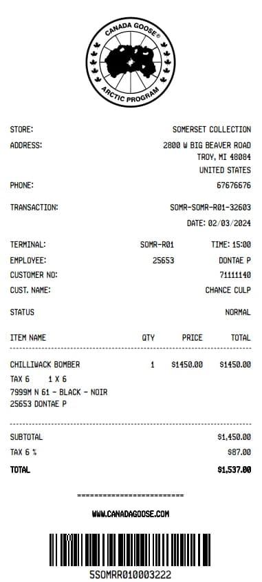 Canada Goose Receipt
