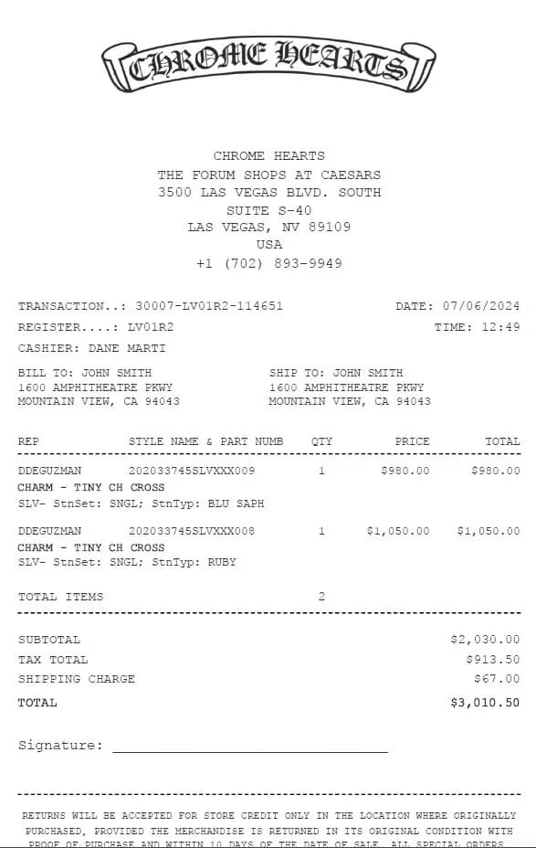 Chrome Hearts Receipt