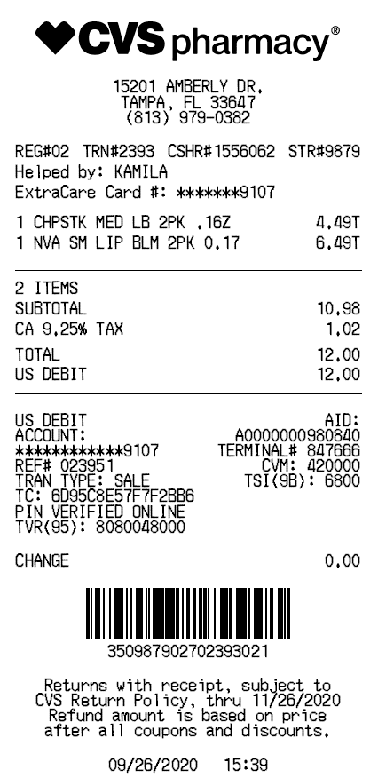CVS Pharmacy Receipt